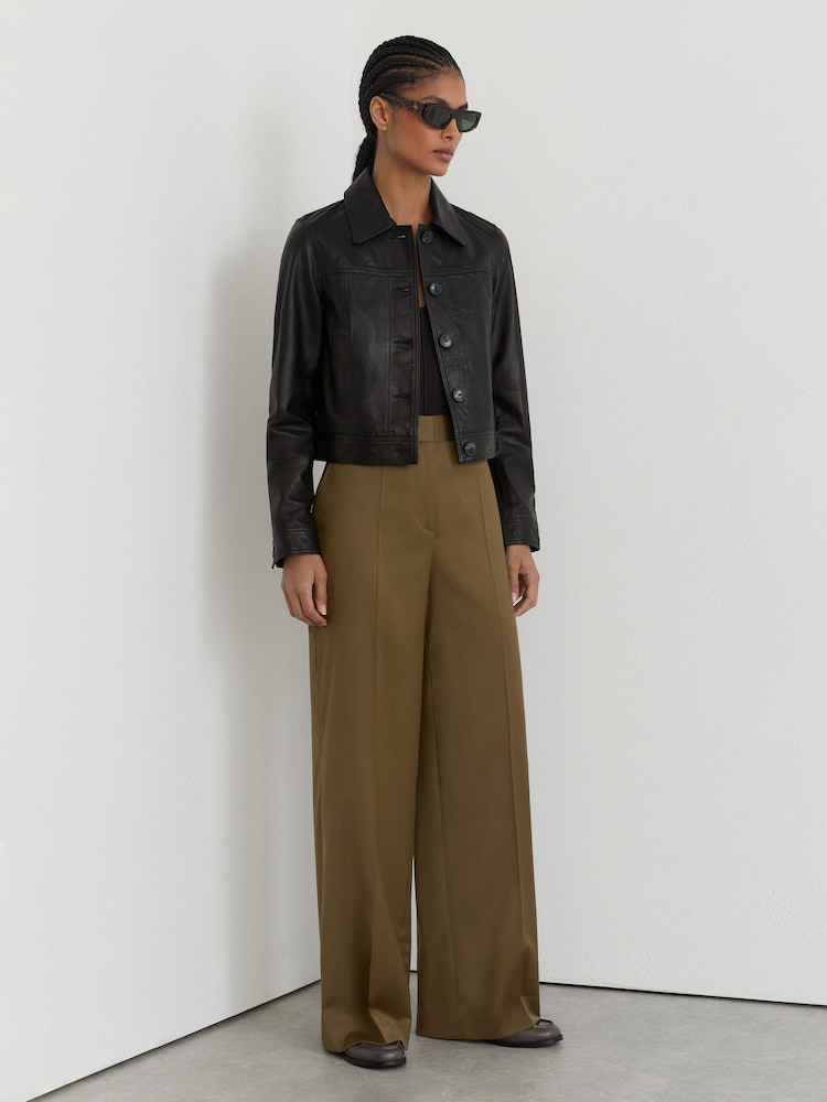 Reiss Khaki Adie Petite Wool-Blend Wide-Leg Trousers - Image 1 of 7 Reiss Khaki Adie Petite Wool-Blend Wide-Leg Trousers - Image 1 of 7