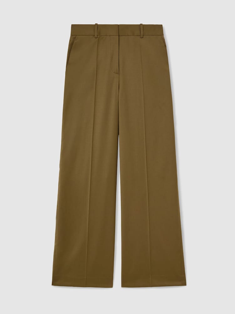 Reiss Khaki Adie Petite Wool-Blend Wide-Leg Trousers - Image 2 of 7 Reiss Khaki Adie Petite Wool-Blend Wide-Leg Trousers - Image 2 of 7