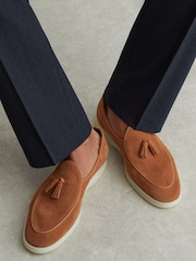 Reiss Camel Brown Harrison Suede Tassel Loafers - Image 1 of 6