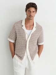 Reiss Tobacco Brown/Ecru Penn Cotton-Blend Geometric-Knit Shirt - Image 1 of 6