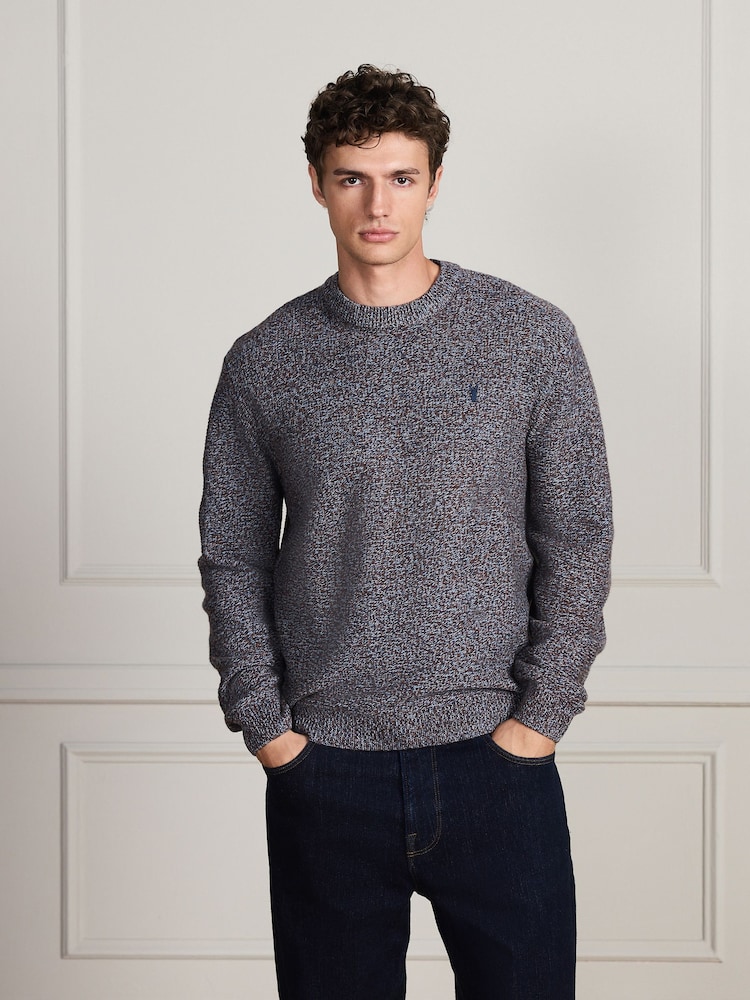 Blue Signature Twisted Lambswool Stag Logo Crew Neck Jumper - Image 1 of 7 Blue Signature Twisted Lambswool Stag Logo Crew Neck Jumper - Image 1 of 7