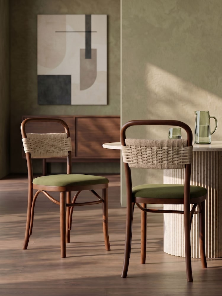 Cult Furniture Set of 2 Olive Green Caleb Wooden And Weave Dining Chairs - Image 1 of 8 Cult Furniture Set of 2 Olive Green Caleb Wooden And Weave Dining Chairs - Image 1 of 8