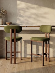 Cult Furniture Set of 2 Olive Green Walnut Arbor Velvet Kitchen Stools - Image 1 of 7