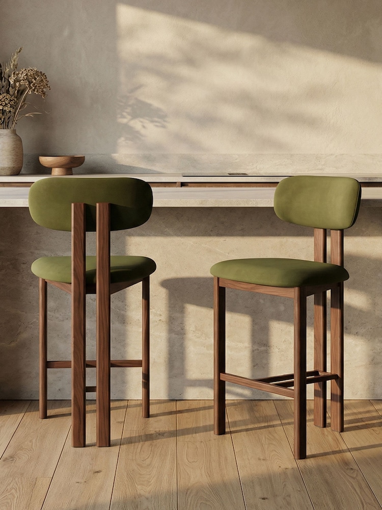 Cult Furniture Set of 2 Olive Green Walnut Arbor Velvet Kitchen Stools - Image 1 of 7 Cult Furniture Set of 2 Olive Green Walnut Arbor Velvet Kitchen Stools - Image 1 of 7