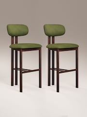 Cult Furniture Set of 2 Olive Green Walnut Arbor Velvet Kitchen Stools - Image 2 of 7