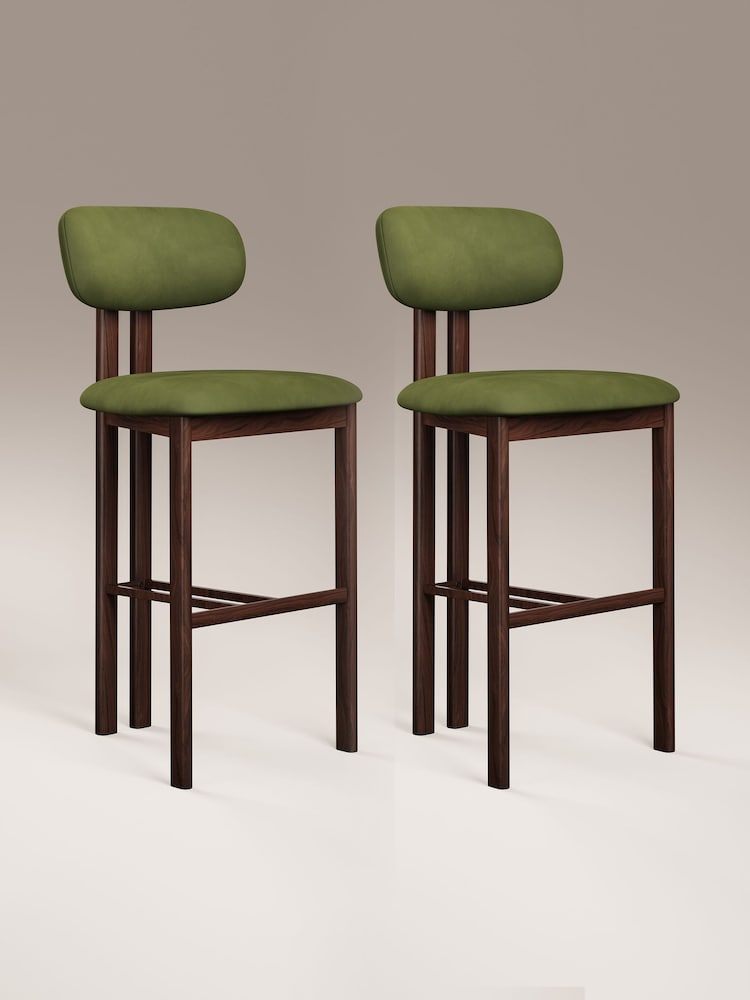 Cult Furniture Set of 2 Olive Green Walnut Arbor Velvet Kitchen Stools - Image 2 of 7 Cult Furniture Set of 2 Olive Green Walnut Arbor Velvet Kitchen Stools - Image 2 of 7