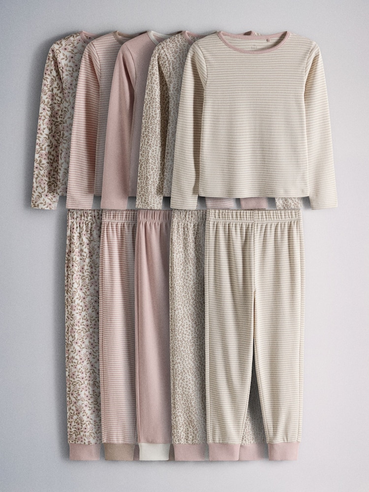 The Set 5 Pack Cotton Jersey Long Sleeve Snuggle Pyjamas Pink/Cream/Ditsy Print/Stripe - Image 1 of 13