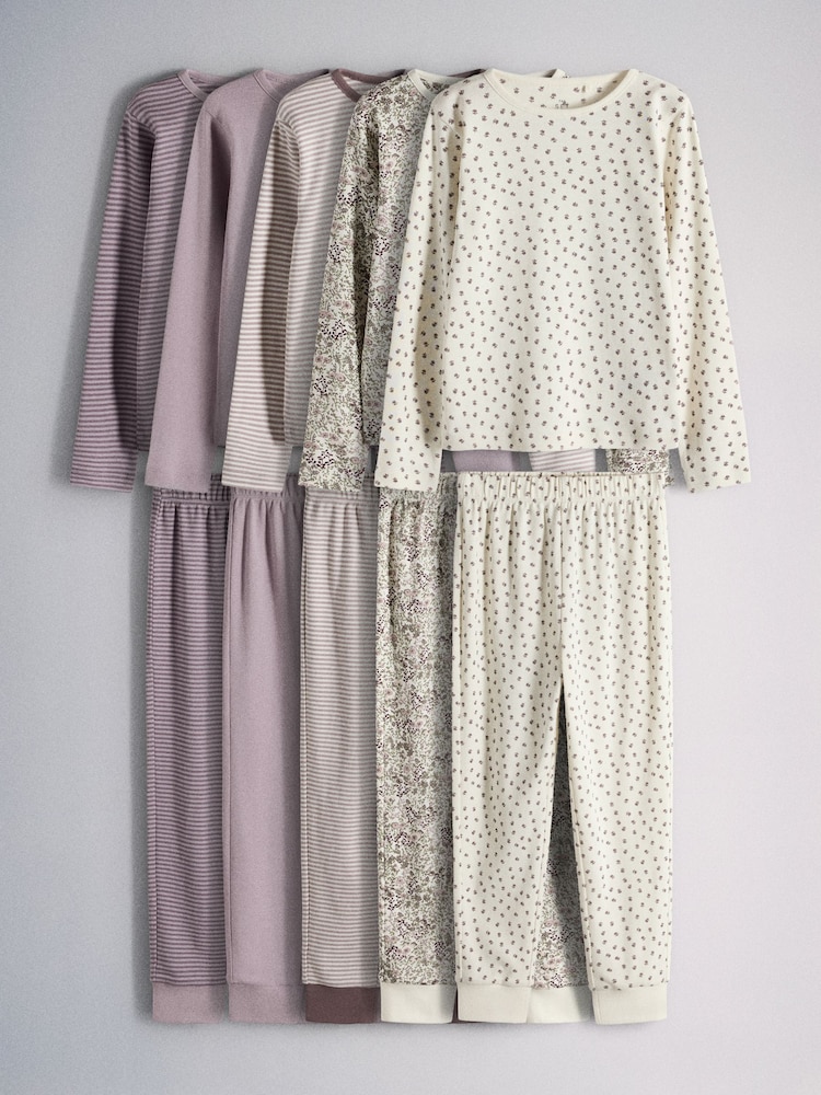 The Set 5 Pack Cotton Jersey Long Sleeve Snuggle Pyjamas Purple/Lilac/Cream/Ditsy Print/Stripe - Image 1 of 13 The Set 5 Pack Cotton Jersey Long Sleeve Snuggle Pyjamas Purple/Lilac/Cream/Ditsy Print/Stripe - Image 1 of 13