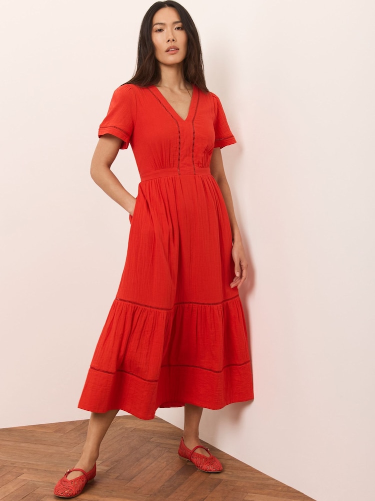 Mint Velvet Red Cotton Short Sleeve Midi Dress - Image 1 of 8 Mint Velvet Red Cotton Short Sleeve Midi Dress - Image 1 of 8