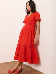 Mint Velvet Red Cotton Short Sleeve Midi Dress - Image 2 of 8