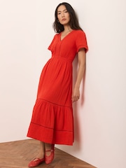 Mint Velvet Red Cotton Short Sleeve Midi Dress - Image 4 of 8