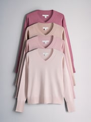 The Set 4 Pack Fine Knit V-Neck Jumpers Rose Pinks/Light Pink/Cream - Image 1 of 7