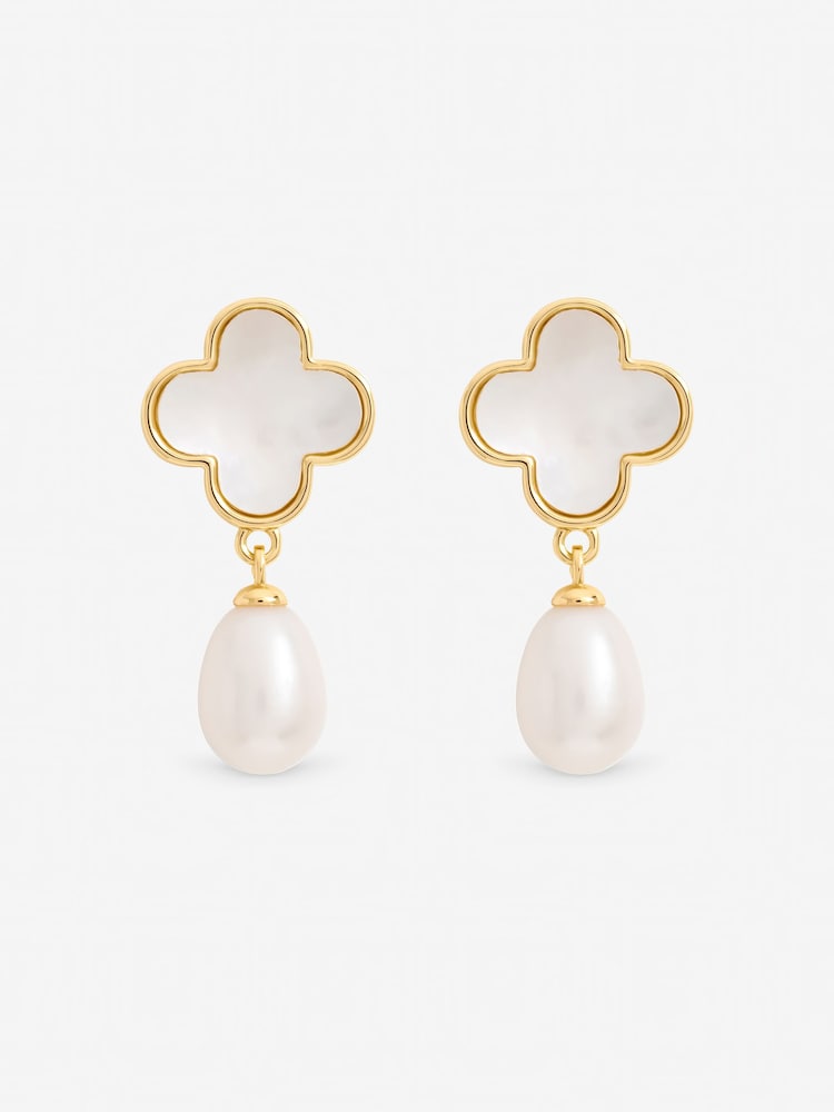 Jon Richard Cream Mother of Pearl Clover and Pearl Drop Earrings - Image 1 of 1