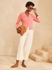 Love & Roses Peach Pink Pointelle Scallop Detail 3/4 Sleeve Knitted Cardigan - Image 3 of 4