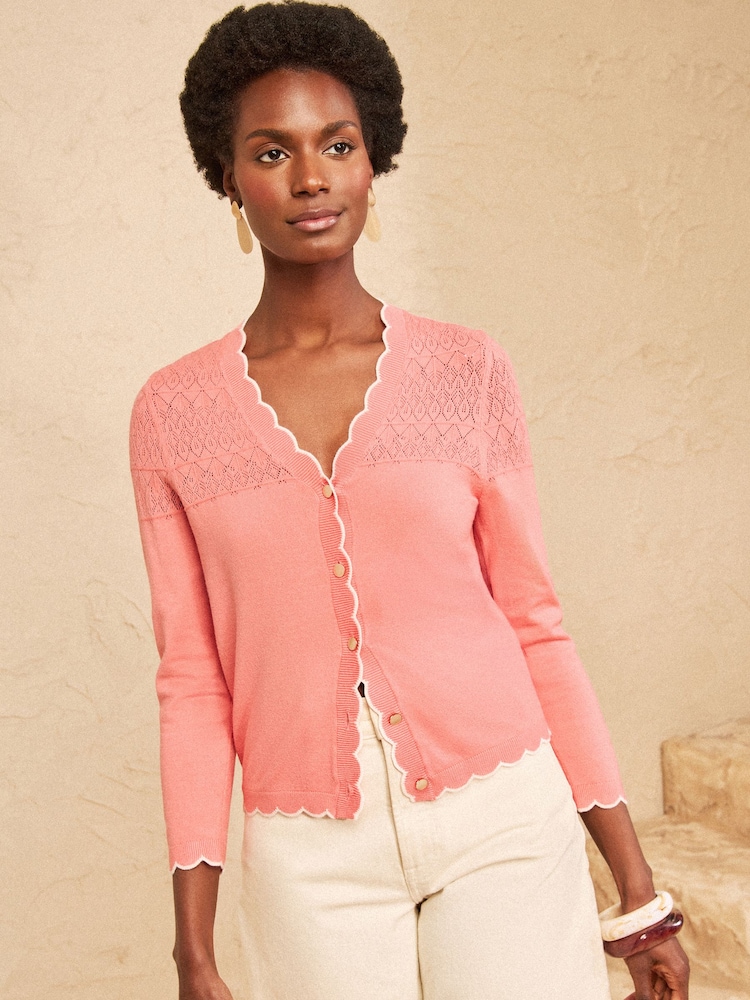 Love & Roses Peach Pink Pointelle Scallop Detail 3/4 Sleeve Knitted Cardigan - Image 4 of 4