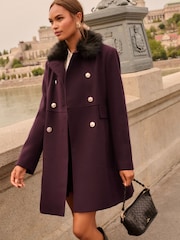 Rouge bordeaux - Love & Roses Manteau Dolly mi-long à col en fourrure - Image 1 de 5