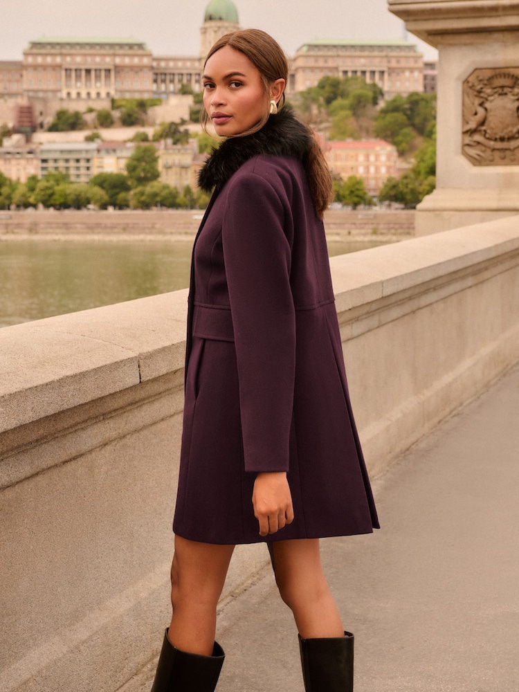 Rouge bordeaux - Love & Roses Manteau Dolly mi-long à col en fourrure - Image 5 de 5