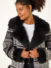 Roman Grey Faux Fur Jaquard Coat - Image 4 of 5