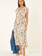 Roman White Floral Print Textured Midi Dress - Image 1 of 5