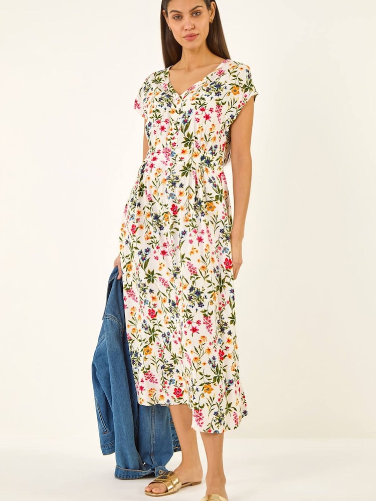 Roman White Floral Print Textured Midi Dress - Image 1 of 5