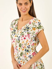 Roman White Floral Print Textured Midi Dress - Image 4 of 5