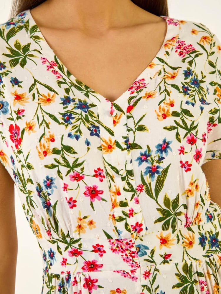 Roman White Floral Print Textured Midi Dress - Image 5 of 5