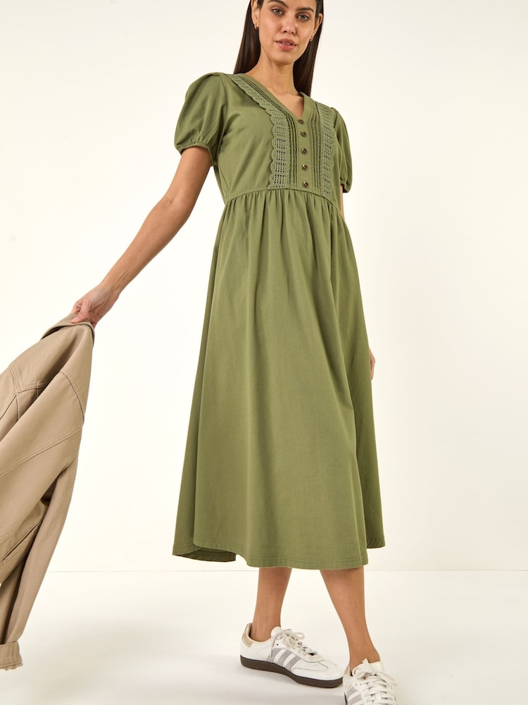 Roman Green Cotton Crochet Trim Dress - Image 1 of 5