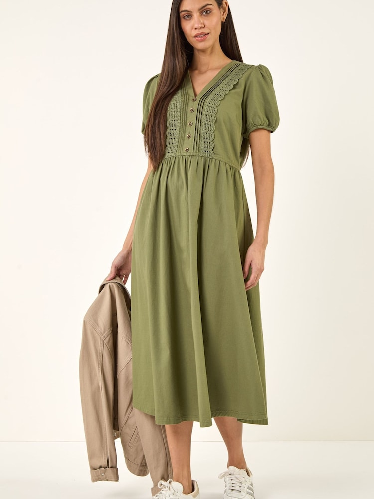 Roman Green Cotton Crochet Trim Dress - Image 2 of 5