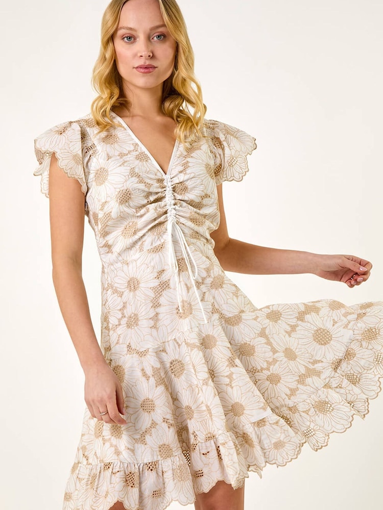 Roman White Broderie Anglaise Ruched Dress - Image 1 of 5