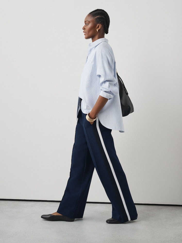 Navy Side Stripe Tailored Wide Leg Trousers - Image 1 of 7 Navy Side Stripe Tailored Wide Leg Trousers - Image 1 of 7