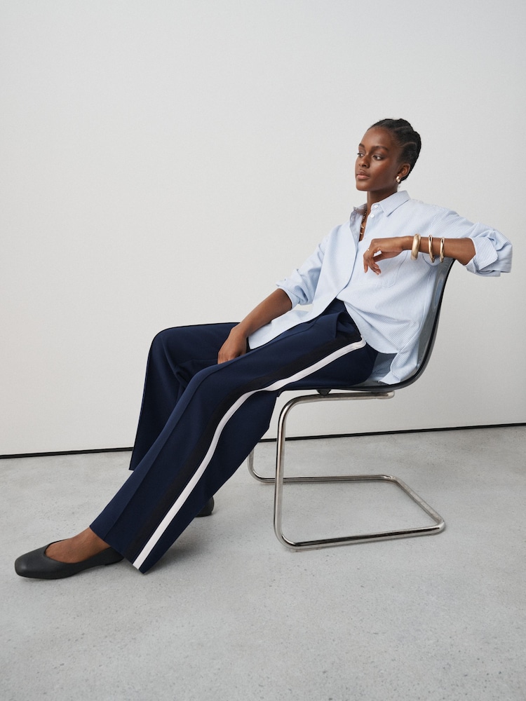Navy Side Stripe Tailored Wide Leg Trousers - Image 2 of 7 Navy Side Stripe Tailored Wide Leg Trousers - Image 2 of 7