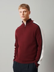 Burgundy Red Overarm Stripe Cotton Blend Quarter Zip Jumper - Image 1 of 4