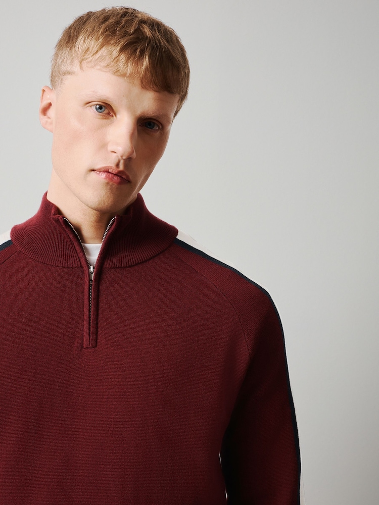 Burgundy Red Overarm Stripe Cotton Blend Quarter Zip Jumper - Image 4 of 4 Burgundy Red Overarm Stripe Cotton Blend Quarter Zip Jumper - Image 4 of 4