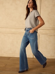 Mid Blue Patch Pocket Flare Jeans - Image 2 of 8