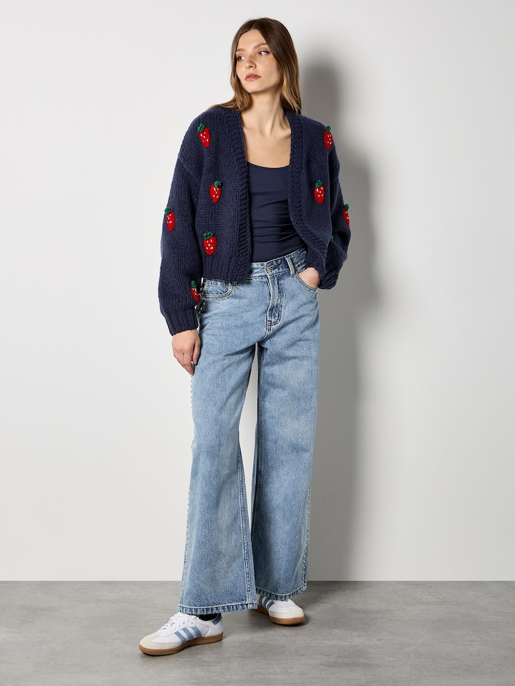 Apricot Blue Chunky Knit Strawberry Cardigan - Image 1 of 5 Apricot Blue Chunky Knit Strawberry Cardigan - Image 1 of 5