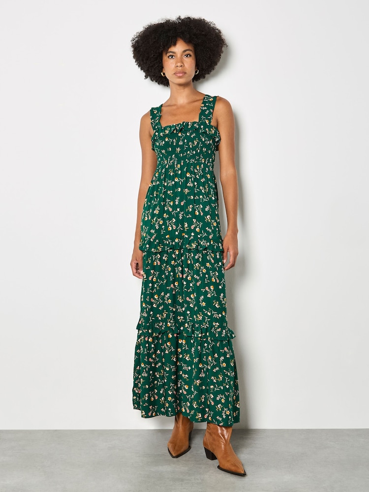 Apricot Green Ditsy Floral Smocked Maxi Dress - Image 1 of 5