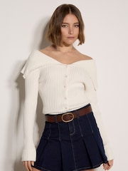 Apricot Wide Collar Ribbed Knit Cardigan - Bild 2 von 4