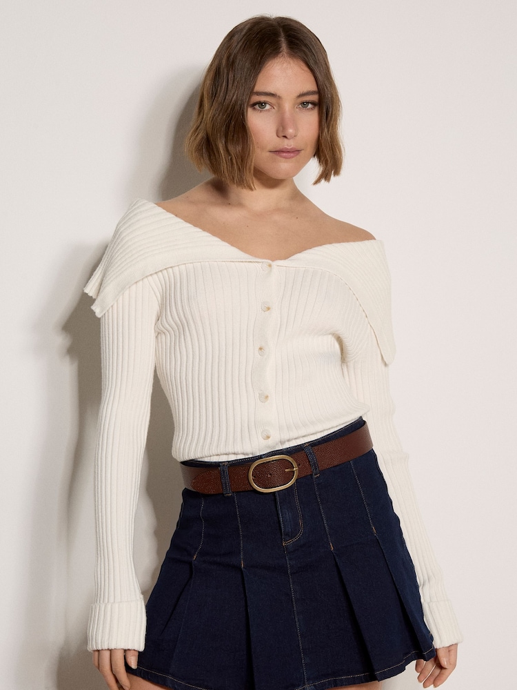 Apricot Wide Collar Ribbed Knit Cardigan - Bild 2 von 4