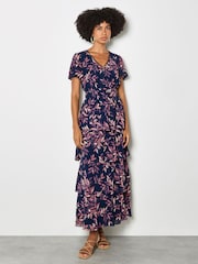 Apricot Blue Watercolour Leaves Chiffon Tiered Maxi Dress - Image 1 of 5