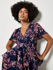 Apricot Blue Watercolour Leaves Chiffon Tiered Maxi Dress - Image 3 of 5