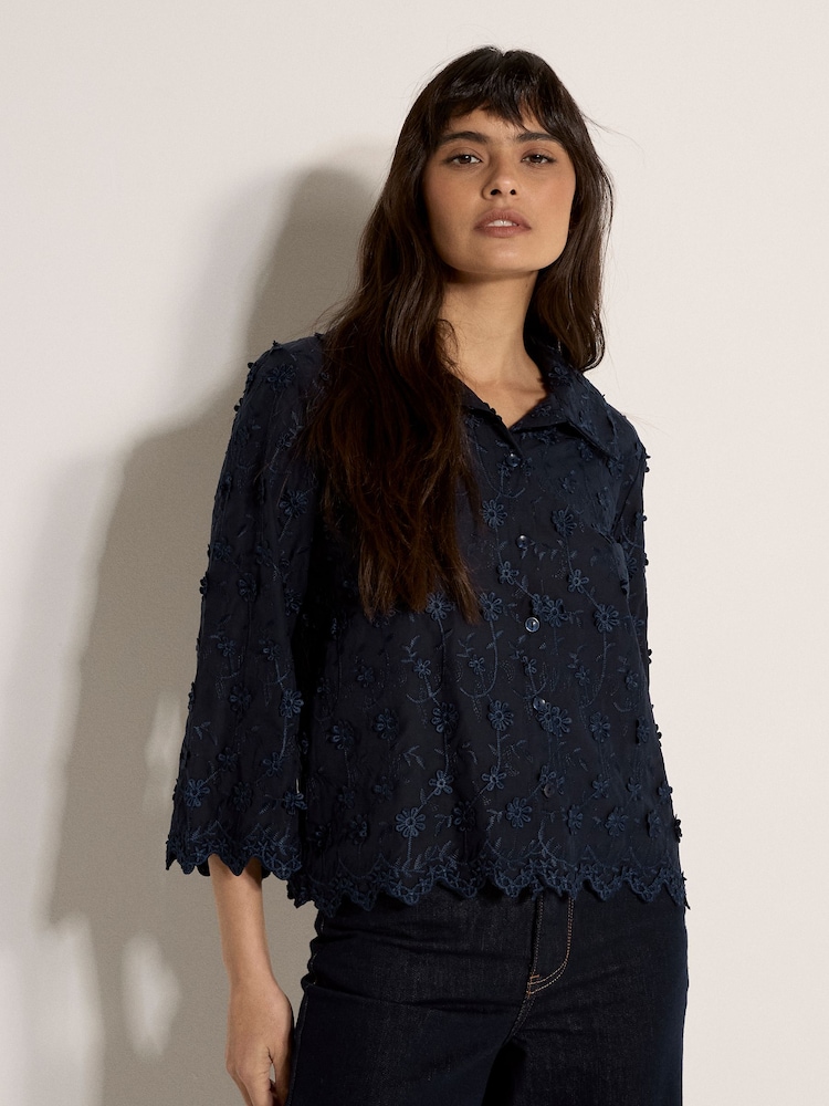 Apricot Blue Applique Flowers Cropped Shirt - Image 1 of 5 Apricot Blue Applique Flowers Cropped Shirt - Image 1 of 5