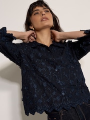 Apricot Blue Applique Flowers Cropped Shirt - Image 2 of 5