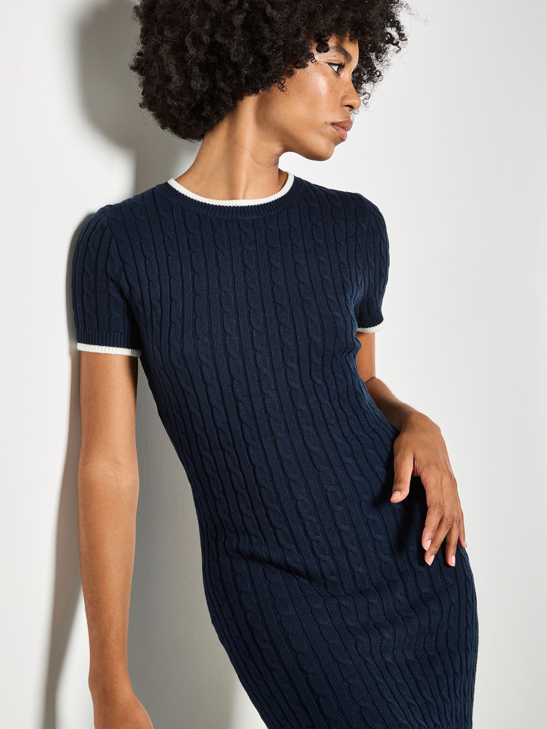 Buy Apricot Blue Cable Knit Contrast Trim Midi Dress from the Next