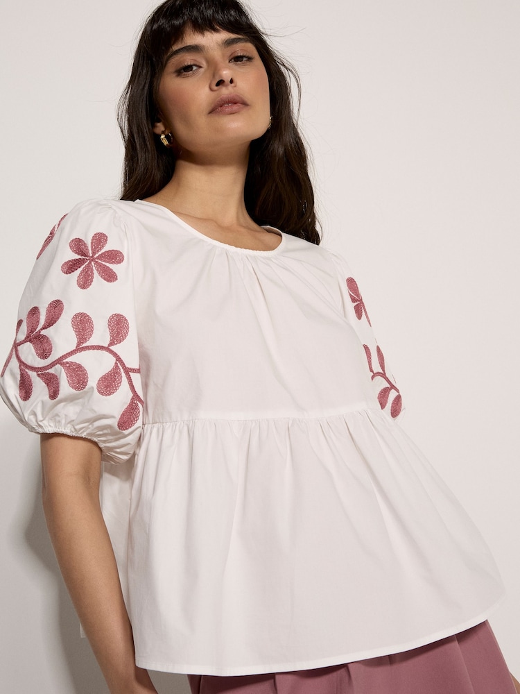 Apricot Cream Floral Embroidered Peplum Blouse - Image 1 of 5