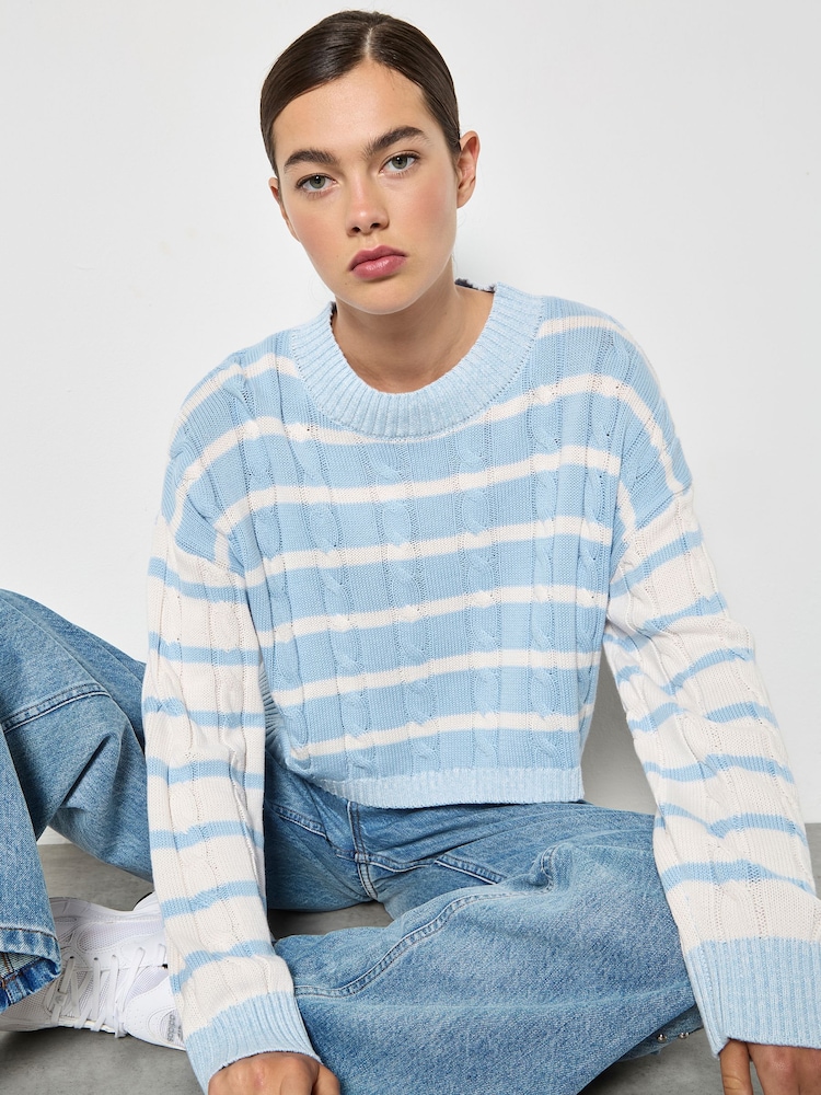 Apricot Blue Contrast Stripe Cropped Jumper - Image 1 of 4 Apricot Blue Contrast Stripe Cropped Jumper - Image 1 of 4