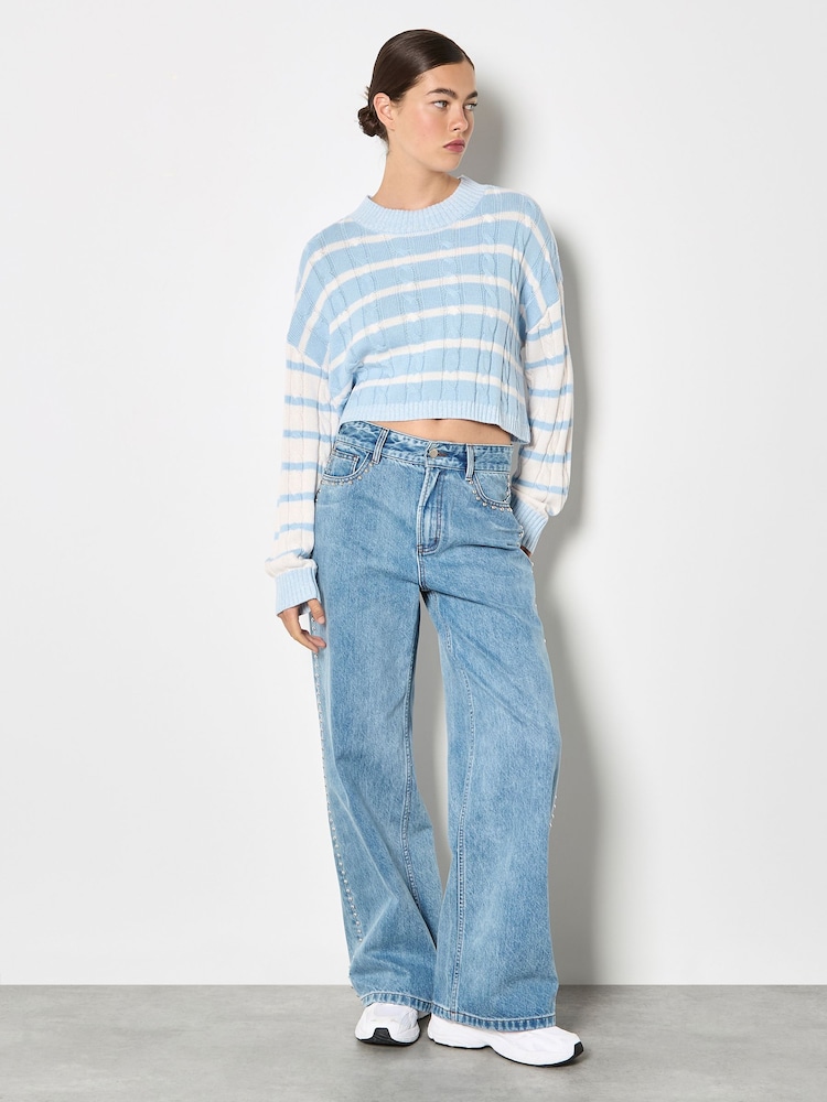 Apricot Blue Contrast Stripe Cropped Jumper - Image 2 of 4 Apricot Blue Contrast Stripe Cropped Jumper - Image 2 of 4