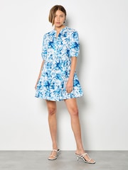 Apricot Blue Floral Print Cotton Mini Dress - Image 1 of 4