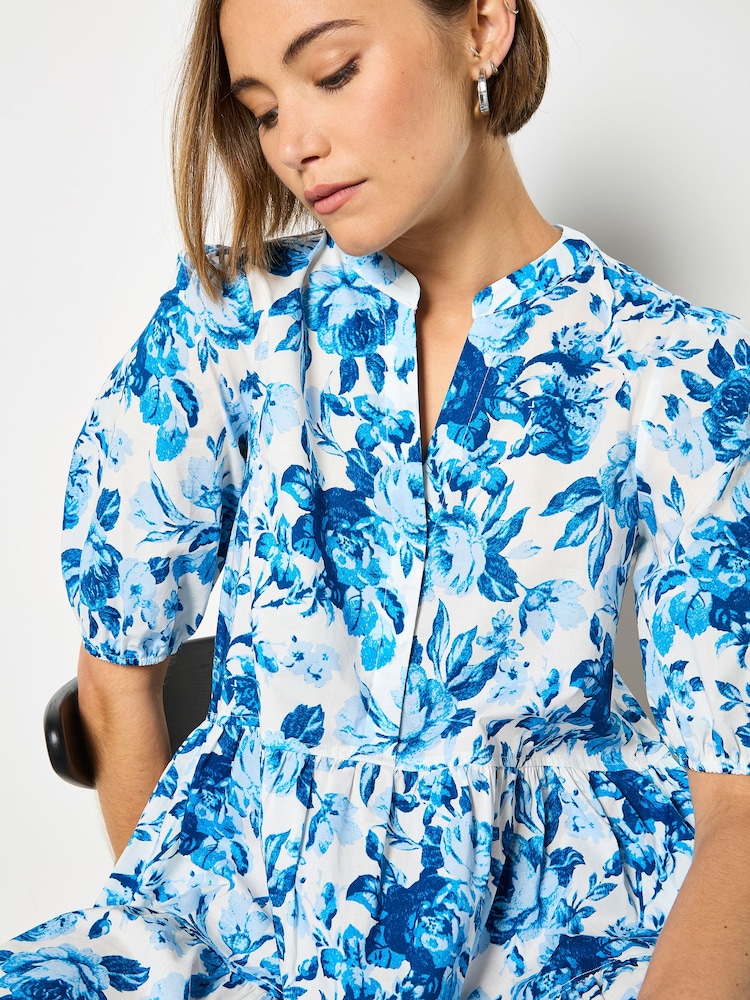 Apricot Blue Floral Print Cotton Mini Dress - Image 4 of 4