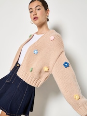 Apricot Natural Applique Daisies Chunky Knit Cardigan - Image 1 of 5