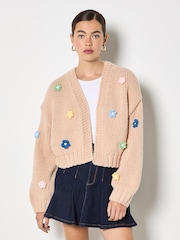 Apricot Natural Applique Daisies Chunky Knit Cardigan - Image 2 of 5